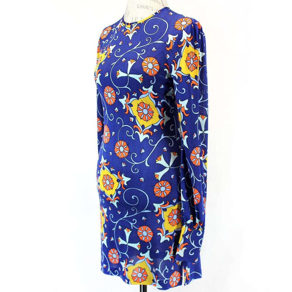 Nieves Lavi NY Blue Boho Print Crew Neck Long Sleeve Jersey Silk Y2K Dress XS
